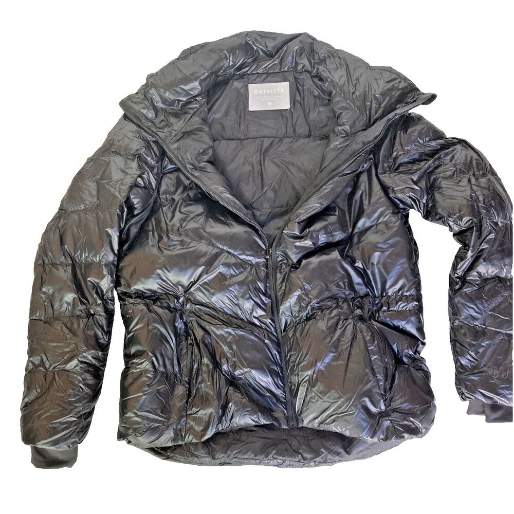 Athleta Lofty Puffer Jacket Womens Medium Black Goose Down Coat Zip pockets